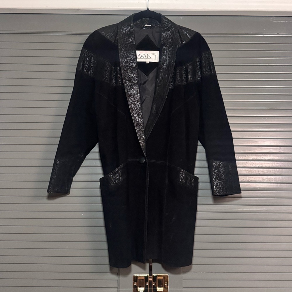 Vintage 1980s Avanti Black Suede & Leather Longline Jacket